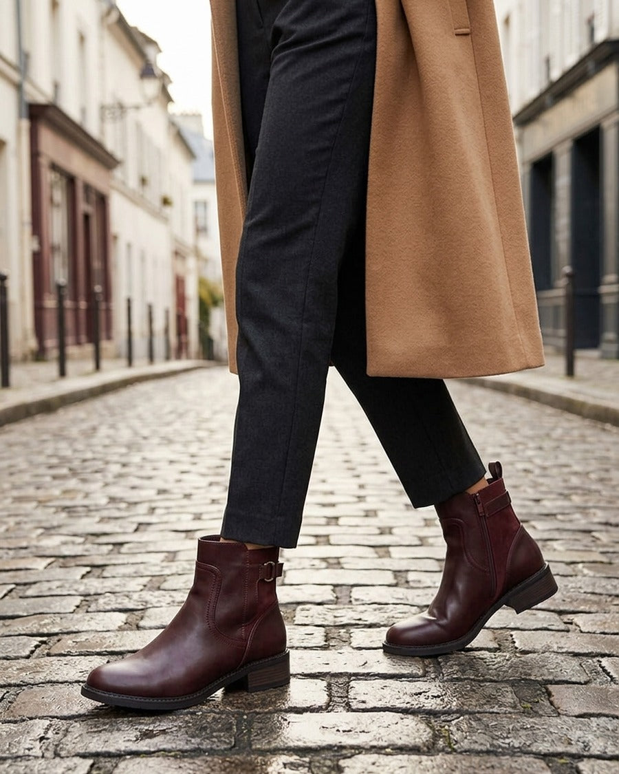 Bottines en simili et suédine - Lie de vin