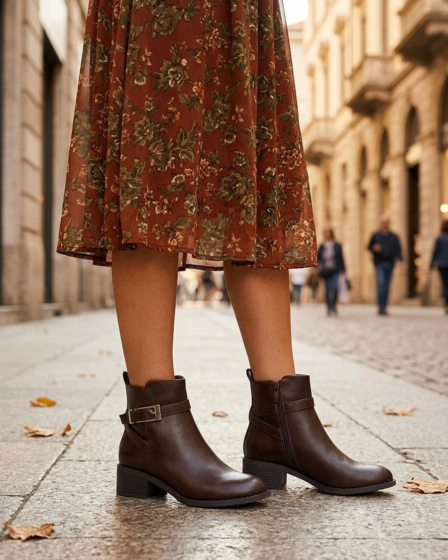 Bottines en simili à sangles - Marron