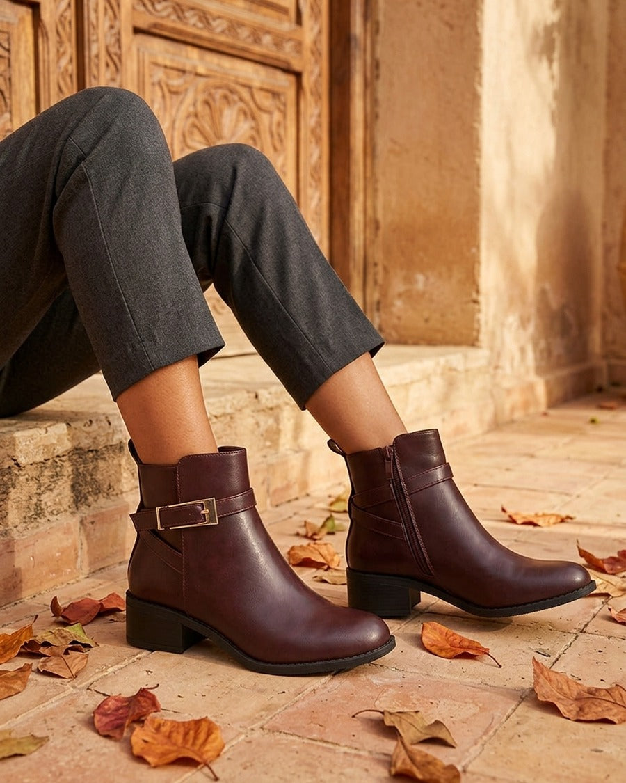 Bottines en simili à sangles - Lie de vin