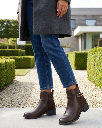 Bottines élastiquées bimatière à boucle métal - Marron