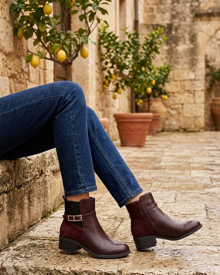 Bottines élastiquées bimatière à boucle métal - Lie de vin