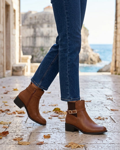 Bottines élastiquées bimatière à boucle métal - Camel