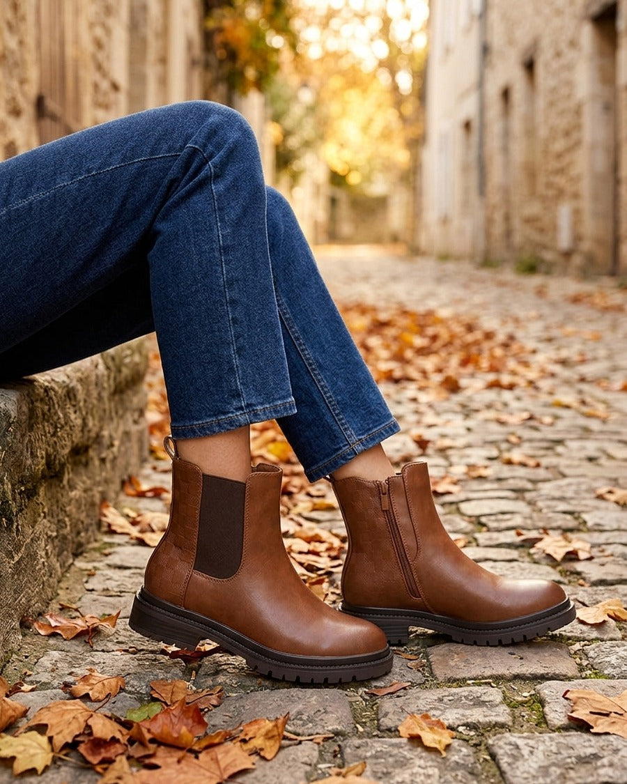 Bottines élastiquées à contrefort damier - Camel