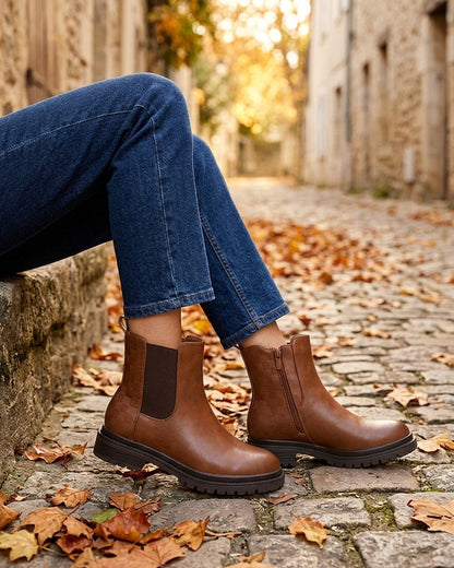 Bottines élastiquées à contrefort damier - Camel