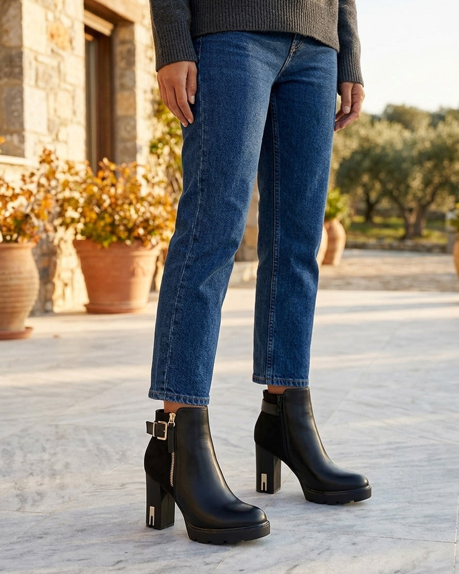 Bottines bimatière à zip décoratif - Noir