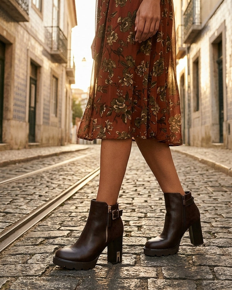 Bottines bimatière à zip décoratif - Marron