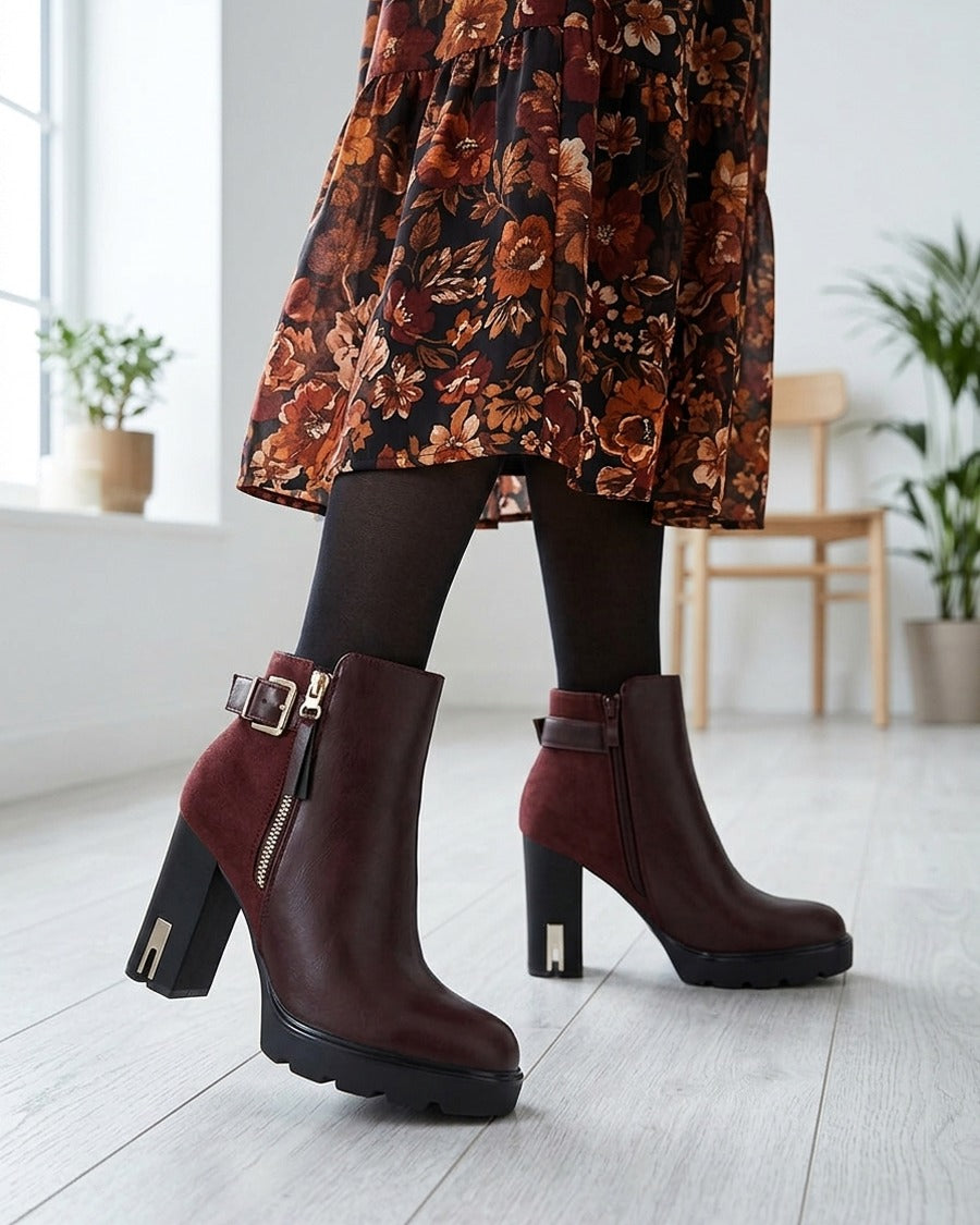 Bottines bimatière à zip décoratif - Lie de vin