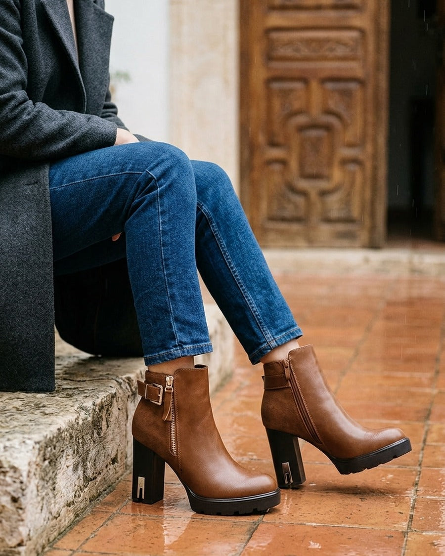 Bottines bimatière à zip décoratif - Camel