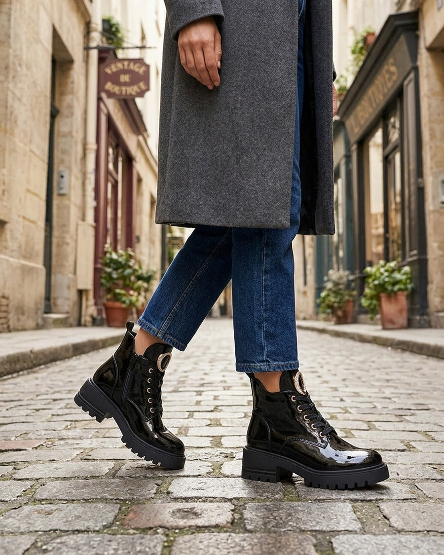 Boots vernies à bijou métal strassé - Noir