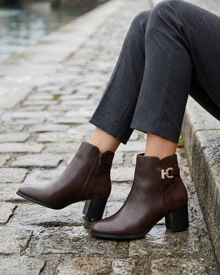 Bottines bimatière à boucle strassée - Marron
