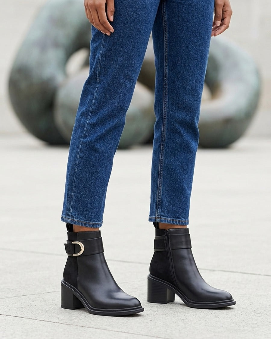 Bottines bimatière à talon bloc - Noir