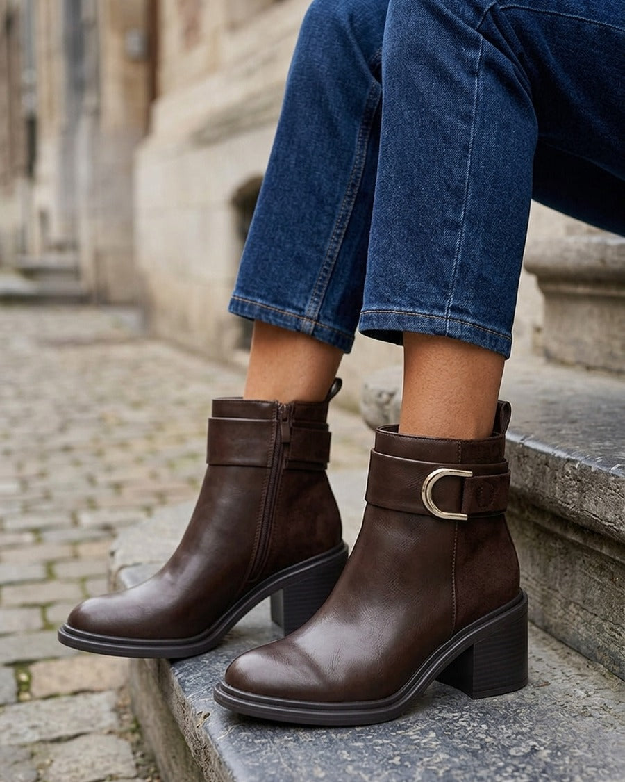 Bottines bimatière à talon bloc - Marron
