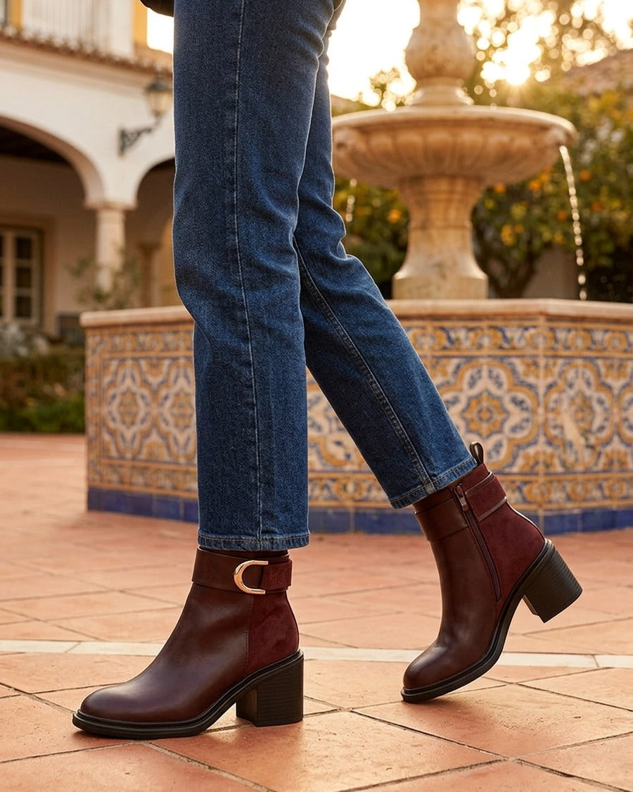 Bottines bimatière à talon bloc - Lie de vin