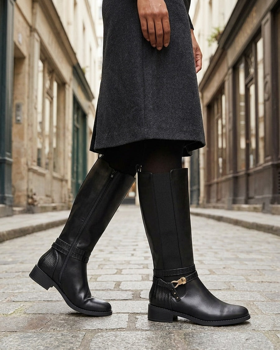 Bottes élastiquées à contrefort en croco - Noir