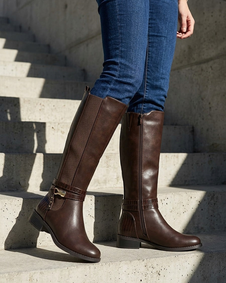 Bottes élastiquées à contrefort en croco - Marron
