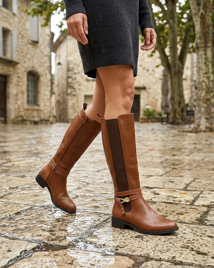 Bottes élastiquées à contrefort en croco - Camel