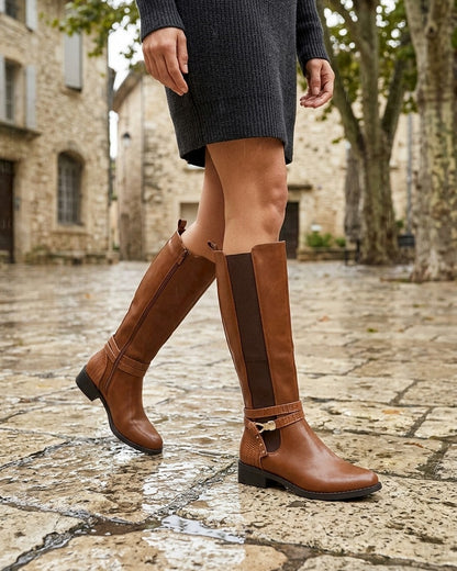 Bottes élastiquées à contrefort en croco - Camel