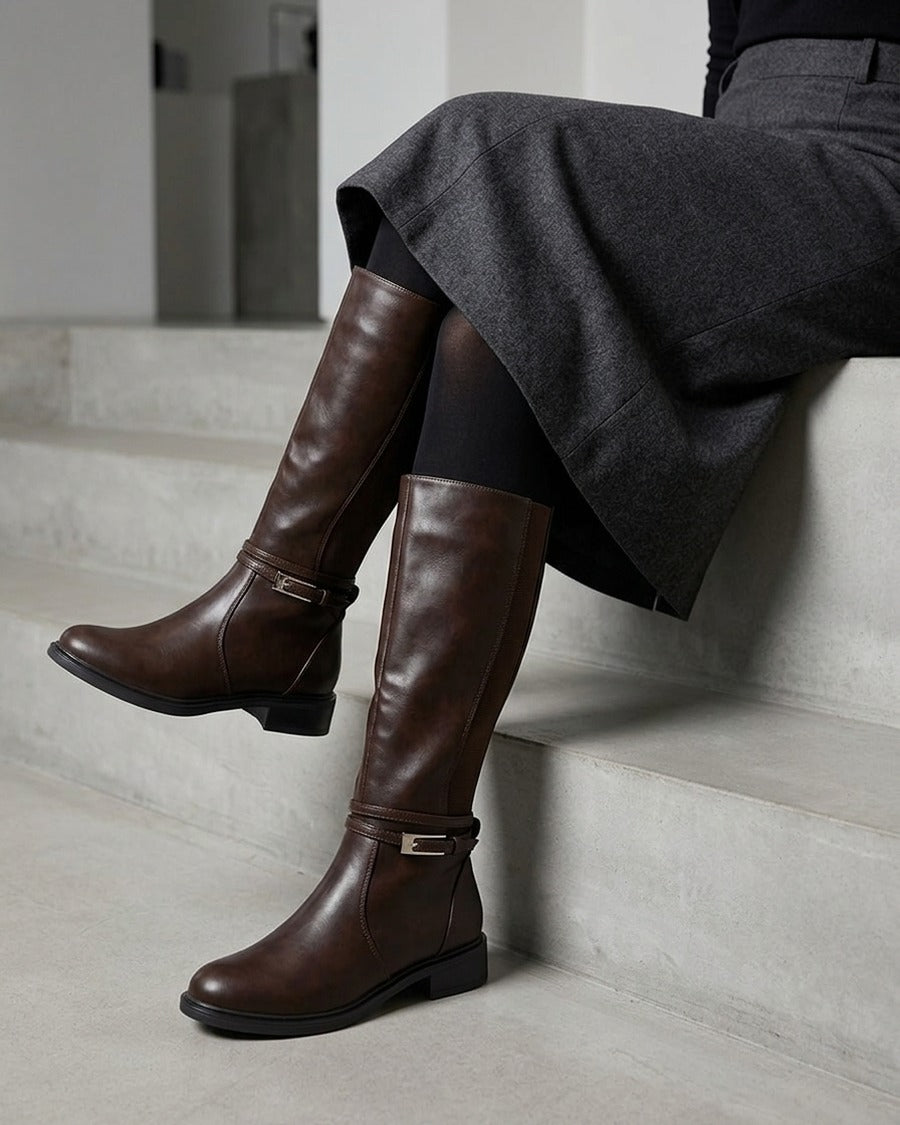 Bottes en simili à boucle rectangulaire - Marron