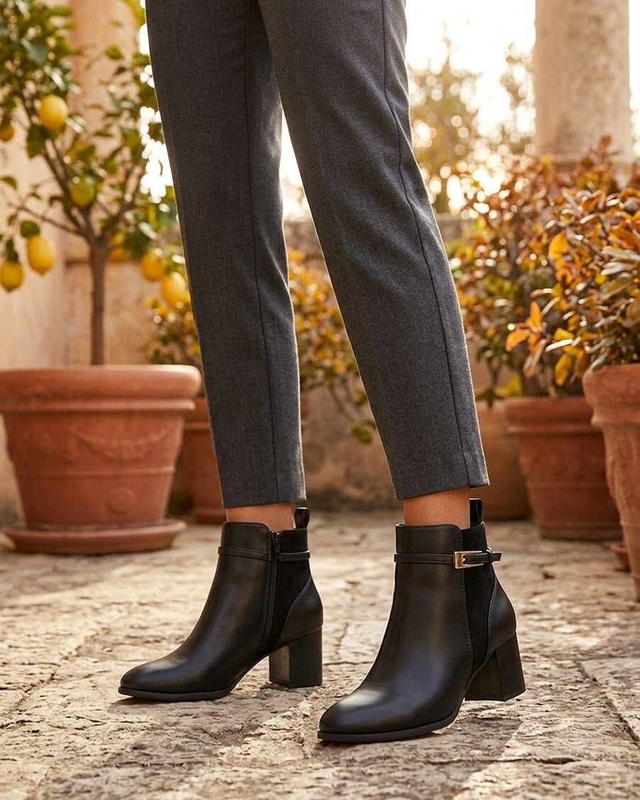 Bottines bimatière avec sangles - Noir