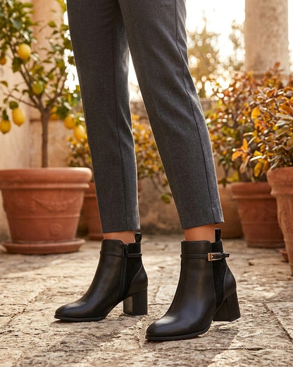 Bottines bimatière avec sangles - Noir