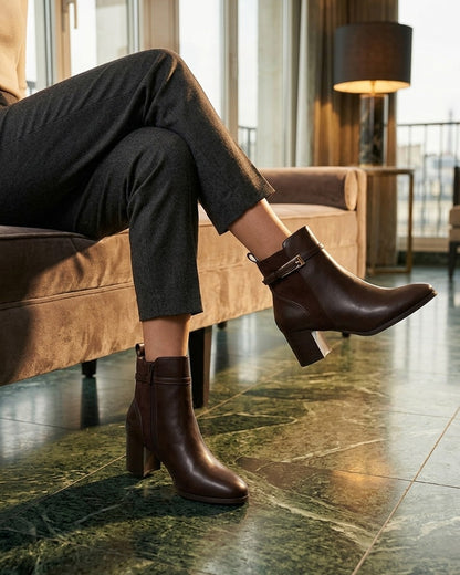 Bottines bimatière avec sangles - Marron