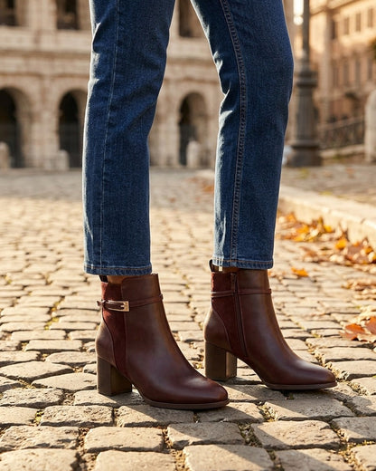 Bottines bimatière avec sangles - Lie de vin