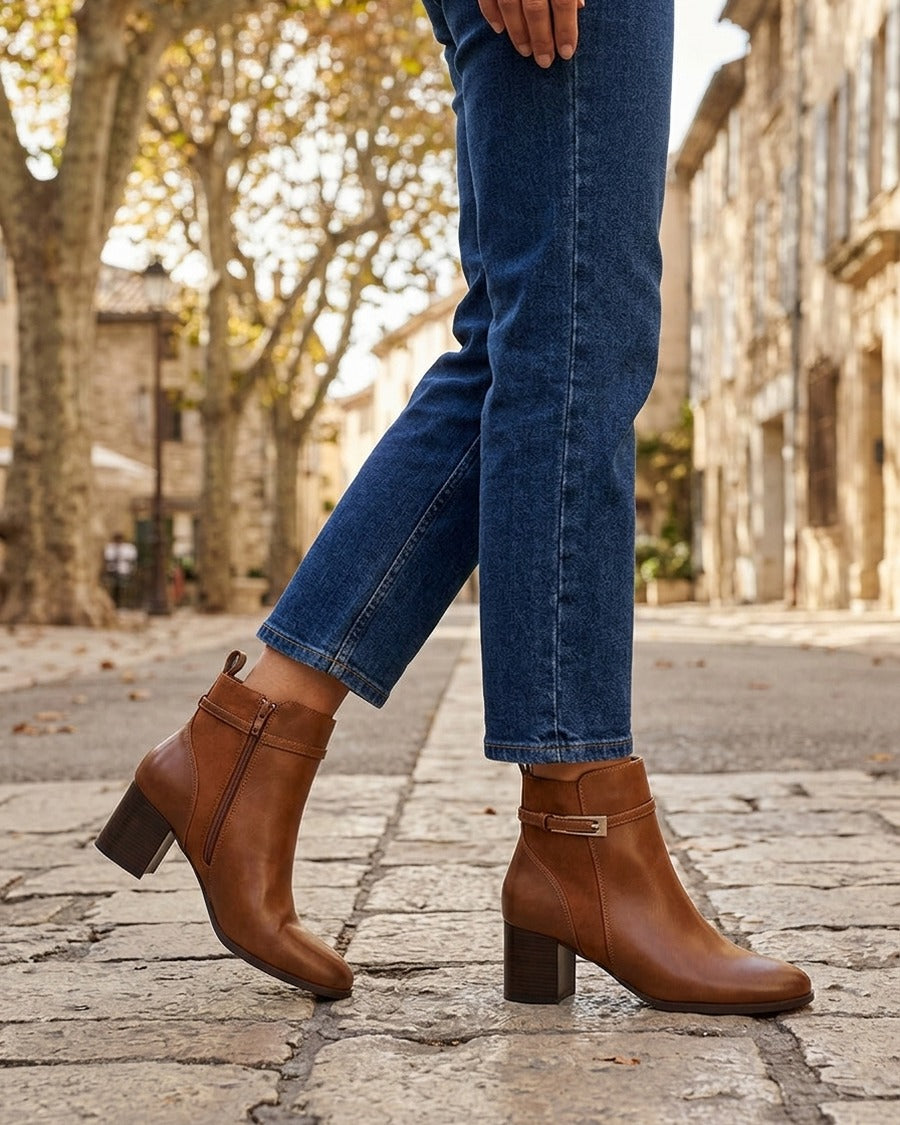Bottines bimatière avec sangles - Camel