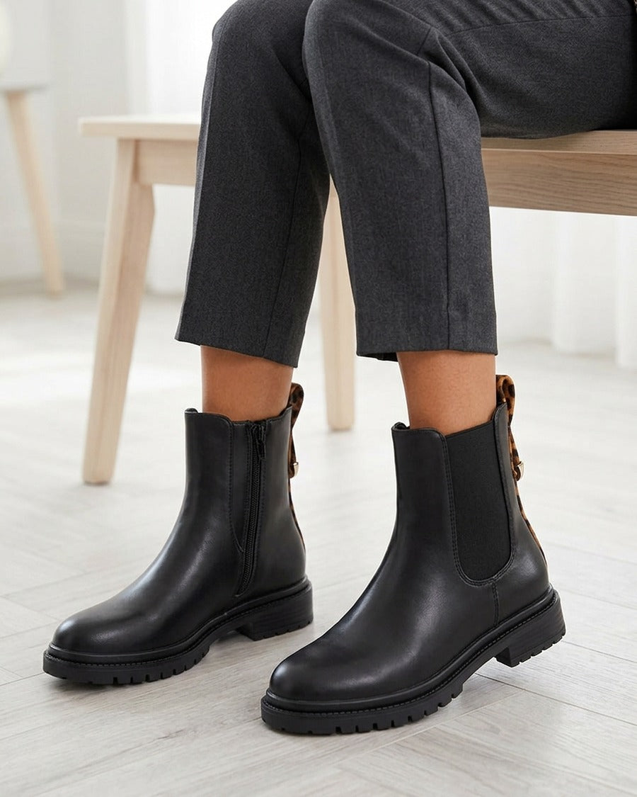 Chelsea boots à contrefort stylisé - Noir/léopard
