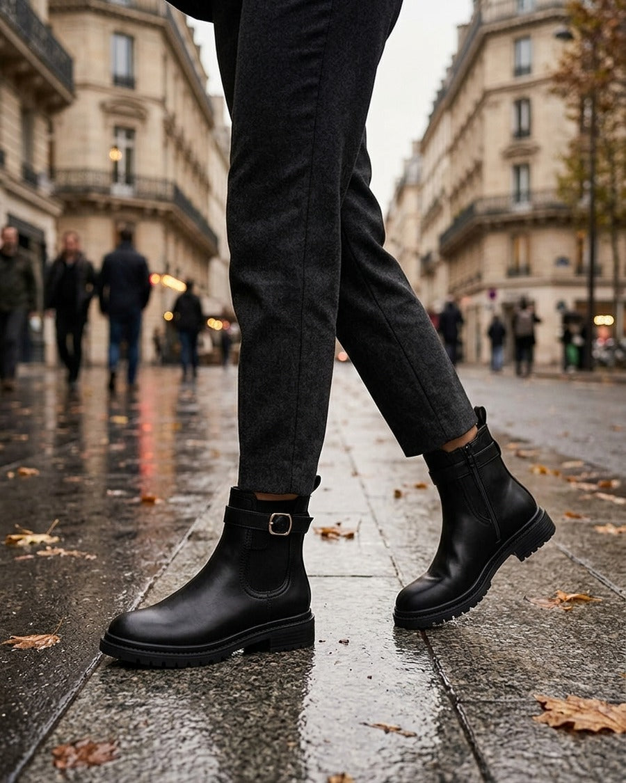 Bottines élastiquées à boucle et semelle crantée - Noir