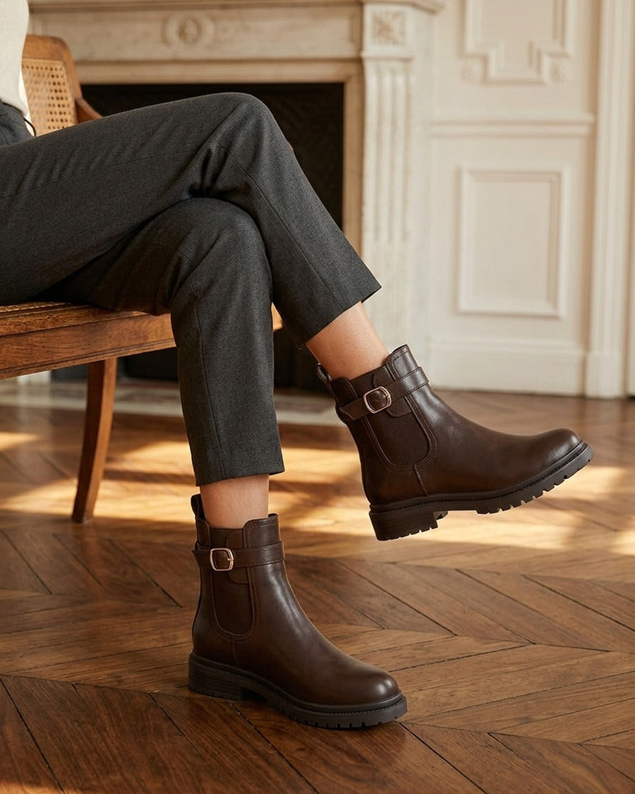 Bottines élastiquées à boucle et semelle crantée - Marron