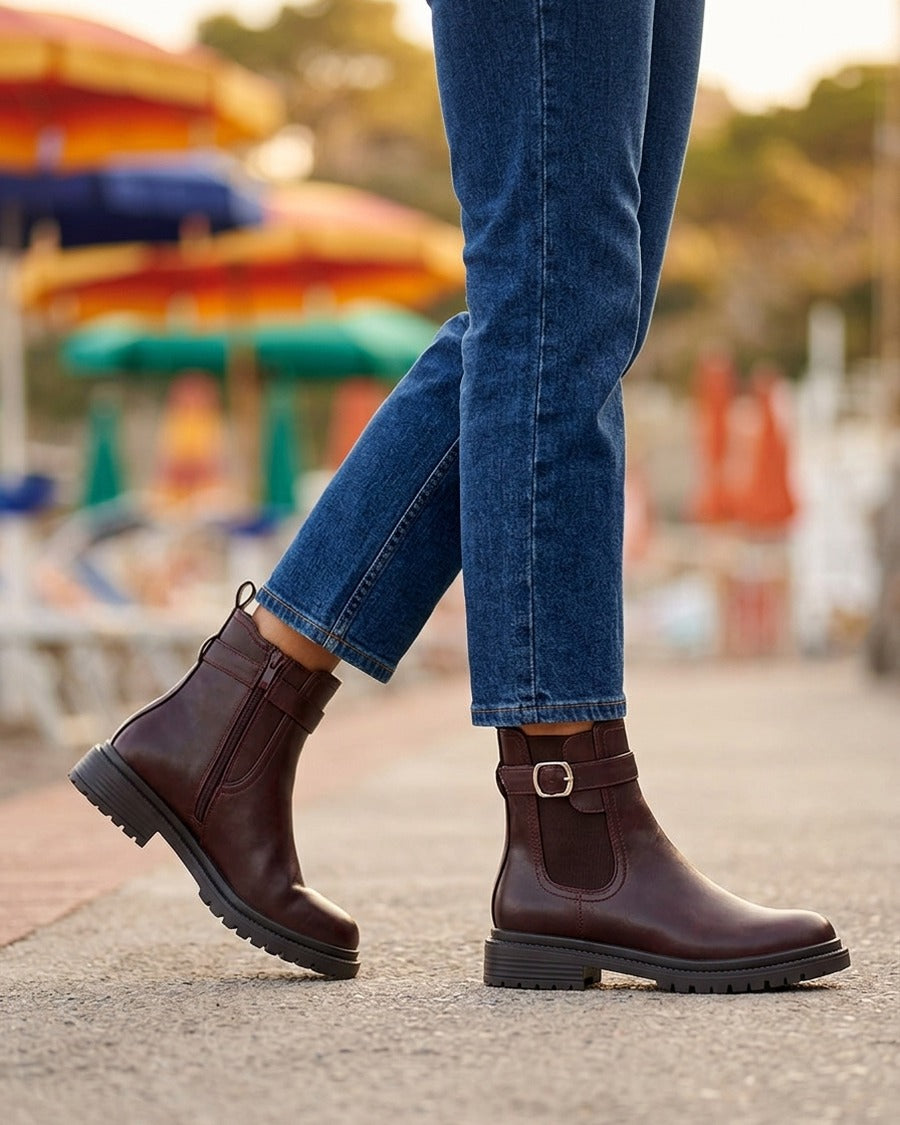 Bottines élastiquées à boucle et semelle crantée - Lie de vin