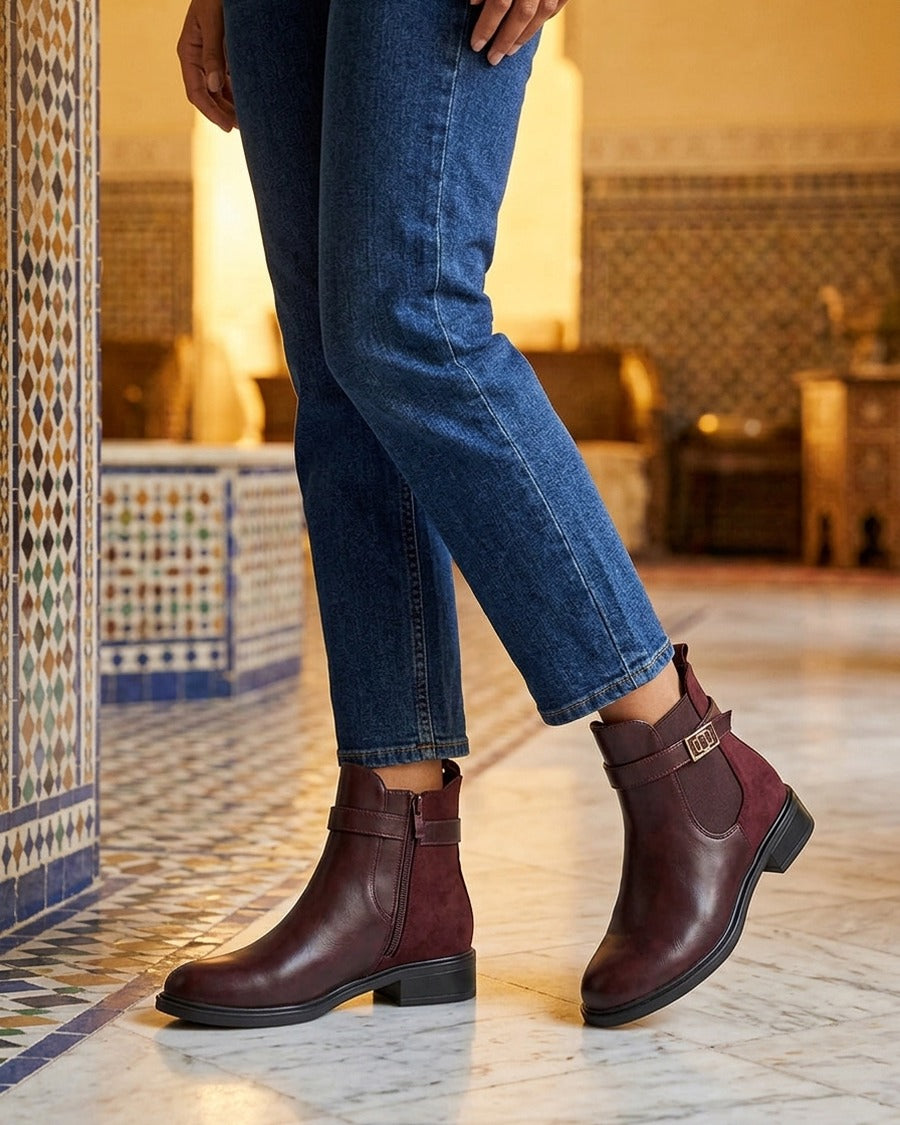 Bottines unies à contrefort en suédine - Lie de vin