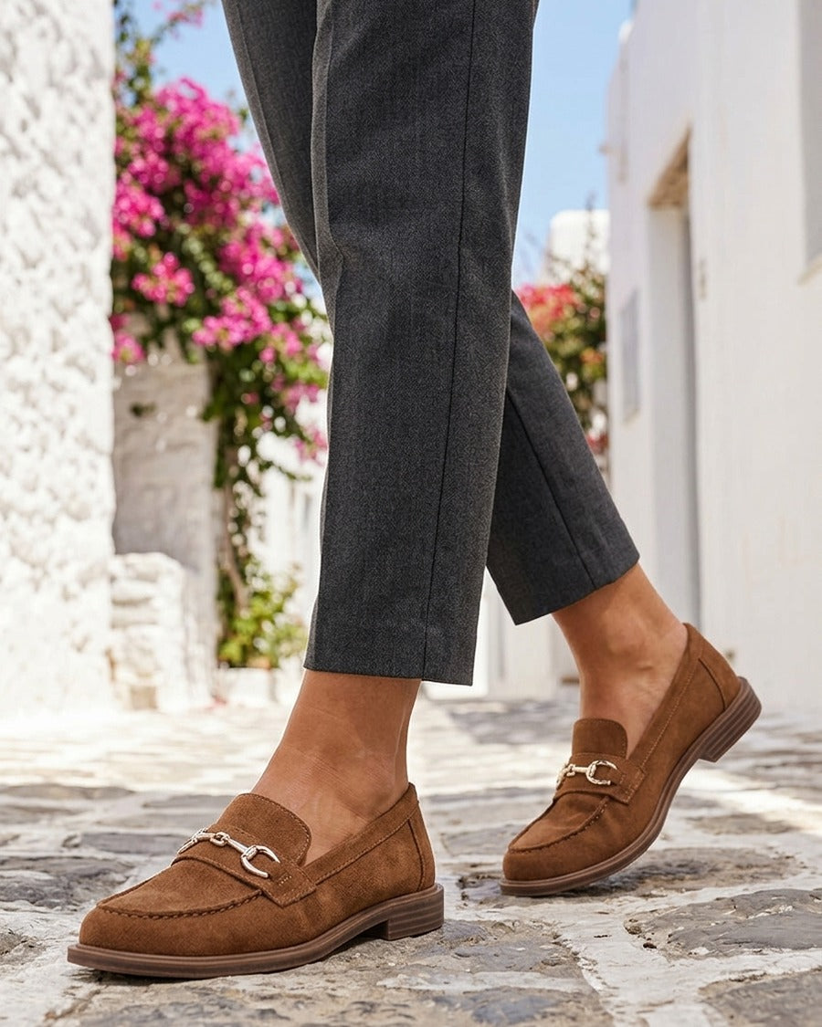 Mocassins en suédine à bijou fantaisie en métal - Camel