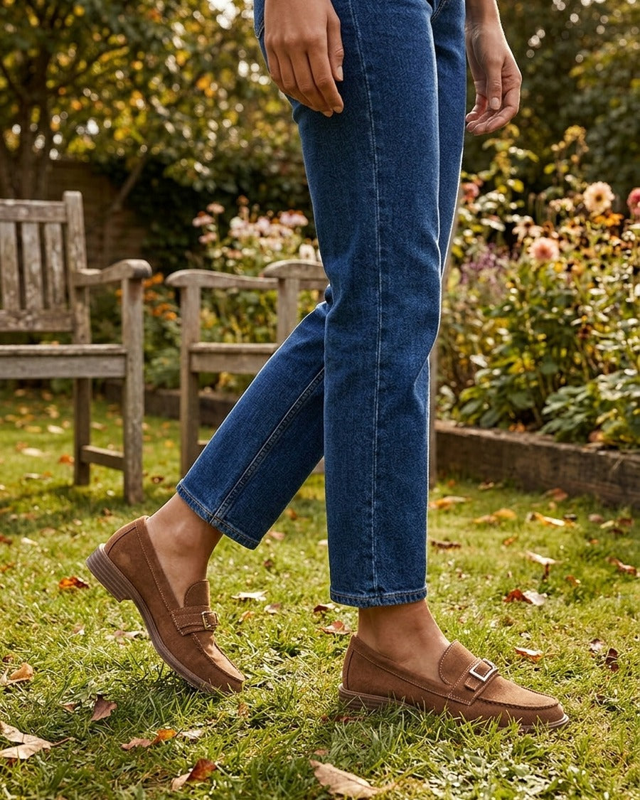 Mocassins en suédine à boucle métallique - Camel