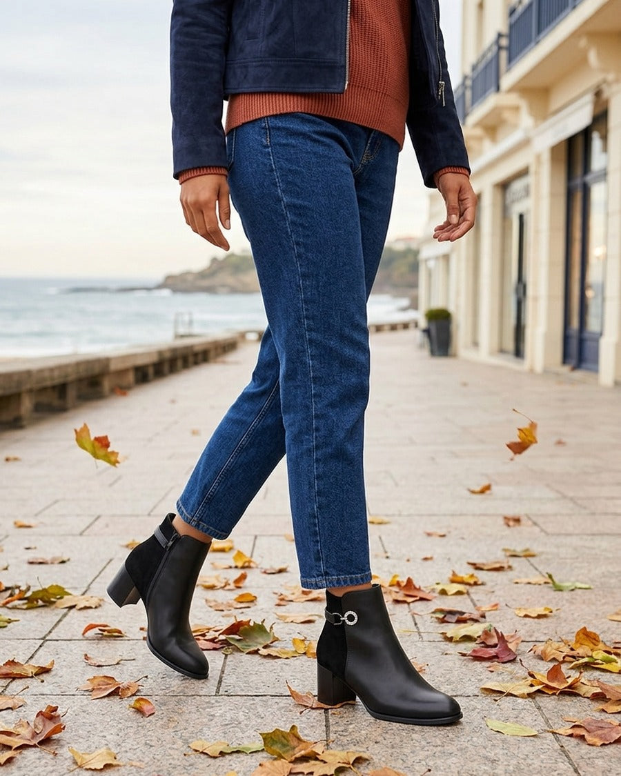 Bottines bimatière à boucle strassée - Noir