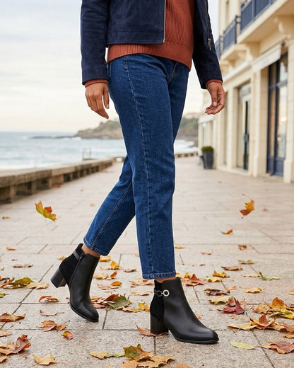 Bottines bimatière à boucle strassée - Noir