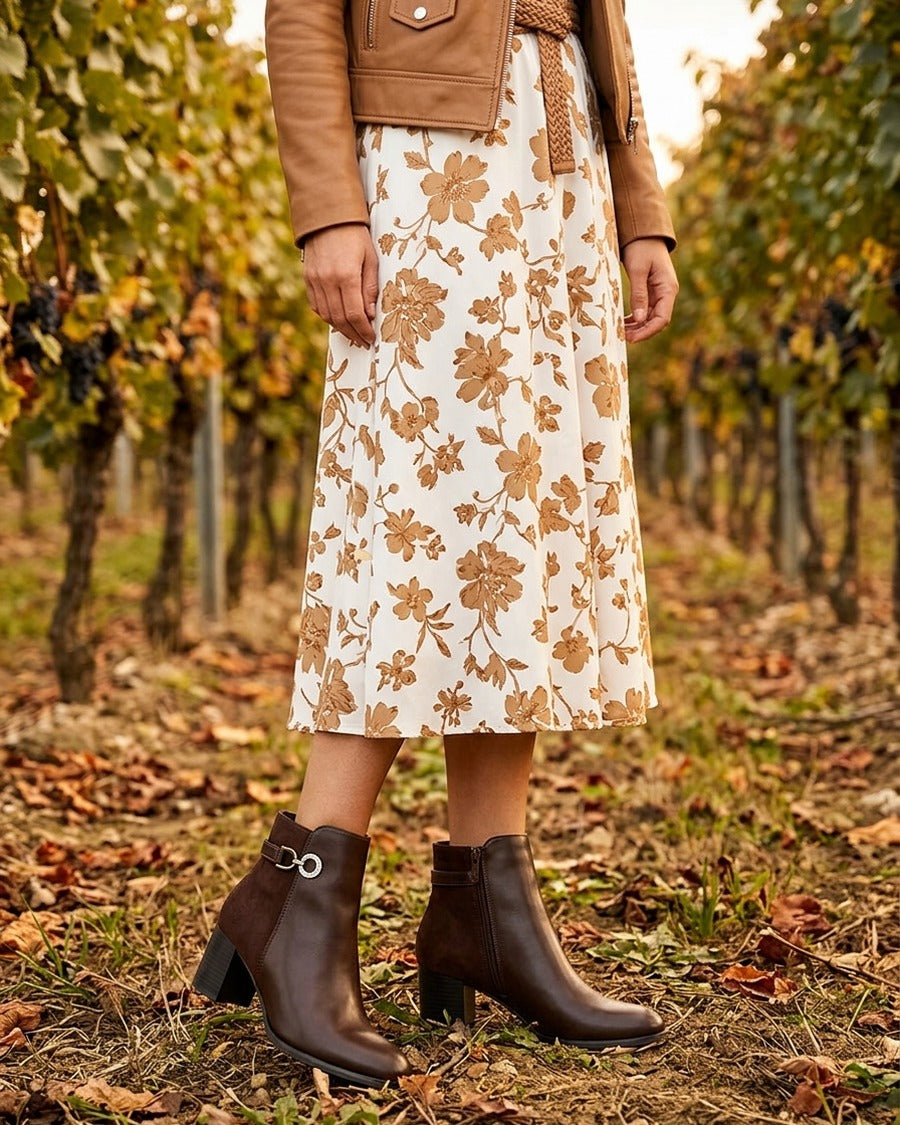 Bottines bimatière à boucle strassée - Marron