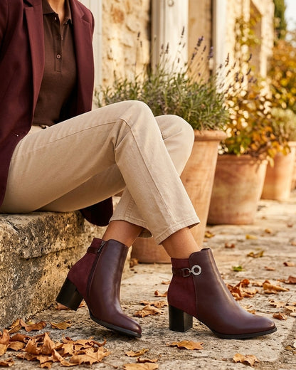 Bottines bimatière à boucle strassée - Bordeaux