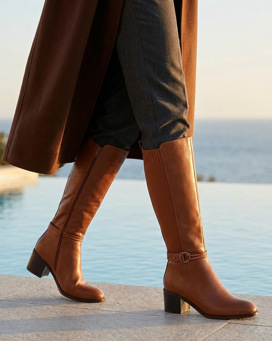 Bottes en simili et tissu à boucle ronde - Camel