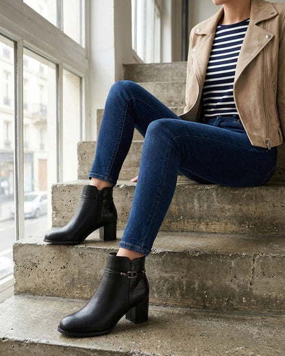 Bottines empiècement croco et bijoux métalliques - Noir