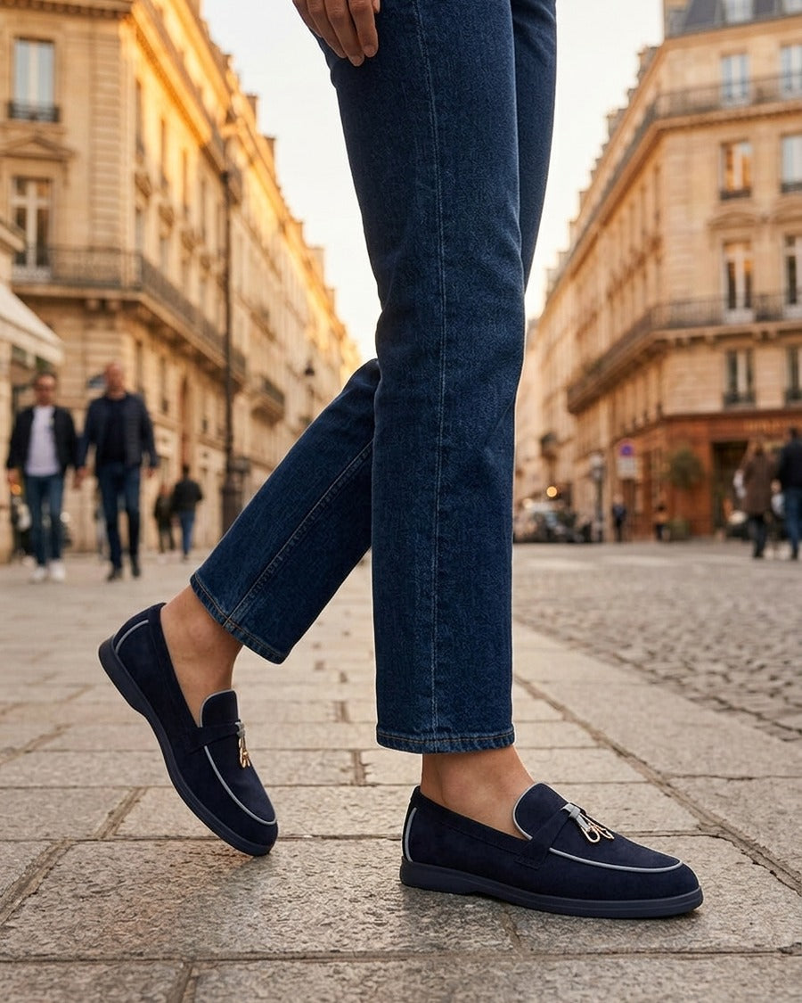 Mocassins en suédine à boucle décorative - Marine