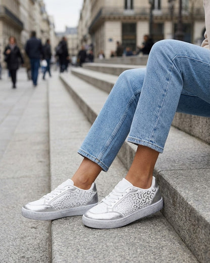 Sneakers bi-matière à imprimé léopard - Argent