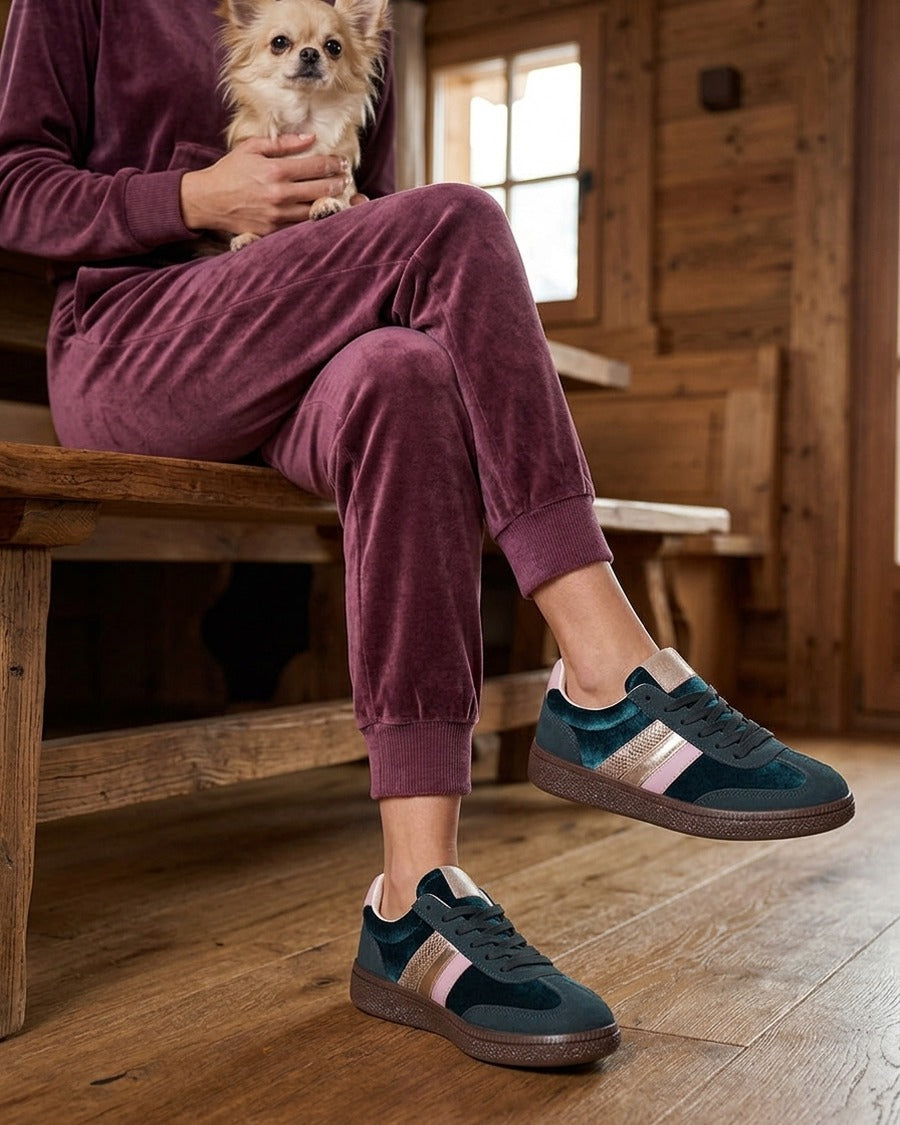 Sneakers à empiècement velours et semelle texturée - Vert sapin
