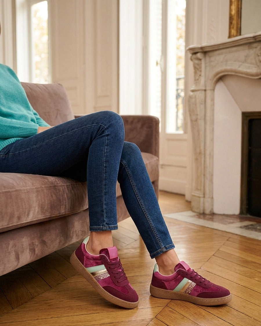 Sneakers à empiècement velours et semelle texturée - Prune