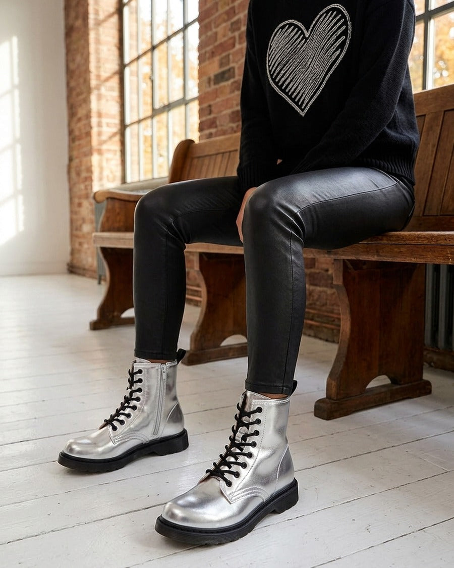 Bottines nacrées à lacets - Argent