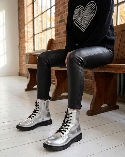 Bottines nacrées à lacets - Argent