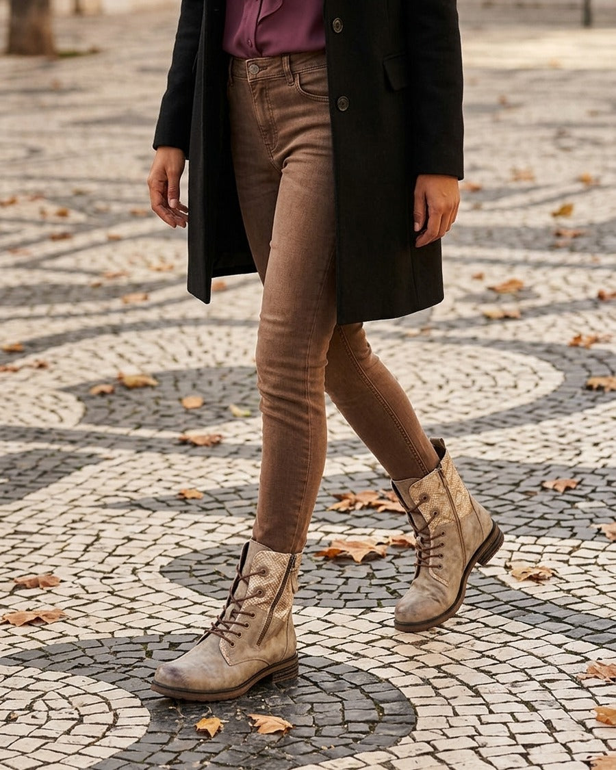 Bottines lacées à cheville effet python irisé - Taupe