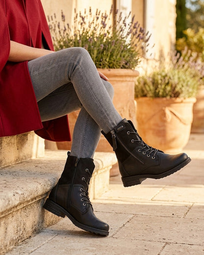 Bottines lacées à zip et empiècement python - Noir