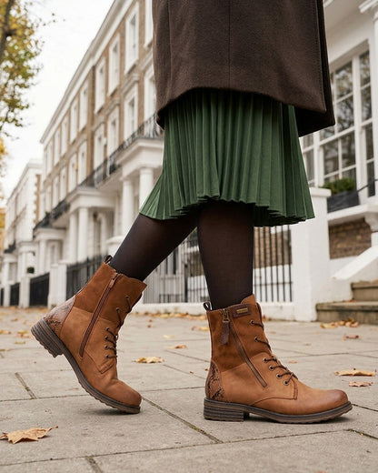 Bottines lacées à zip et empiècement python - Camel