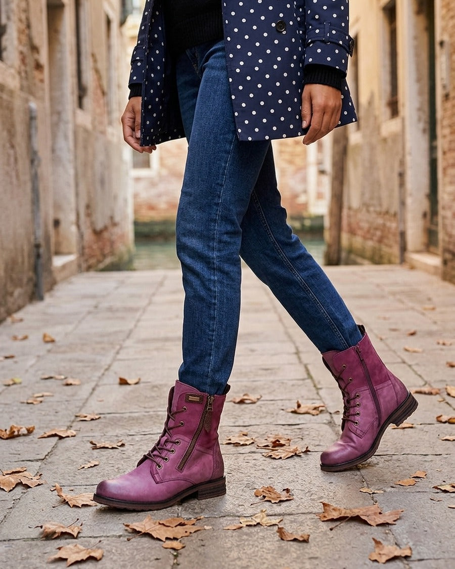 Bottines lacées à zip et empiècement python - Lie de vin